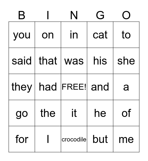 Sight Words Bingo Card