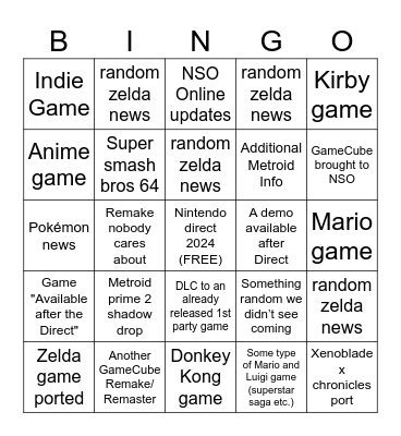 Nintendo Direct 6.21.2023 Bingo Card