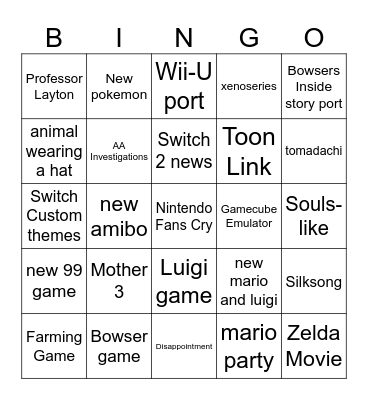 Nintendo Direct Bingo Card