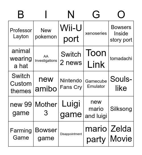 Nintendo Direct Bingo Card