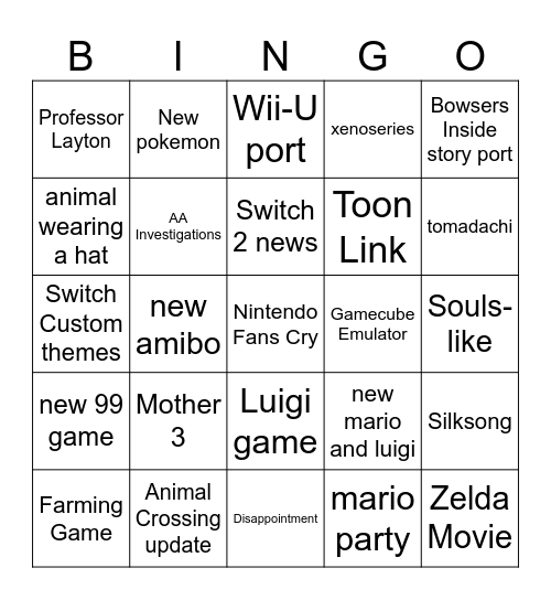 Nintendo Direct Bingo Card