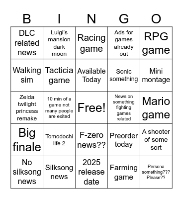 Nintendo direct 2024 Bingo Card