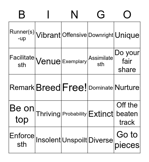 Engelse woordjes Bingo Card