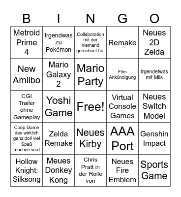 Nintendo Direct Bingo Card