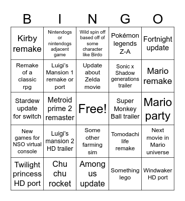 Nintendo Direct June 2024 Bingo Card