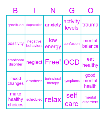 Mental Health Bingo Card