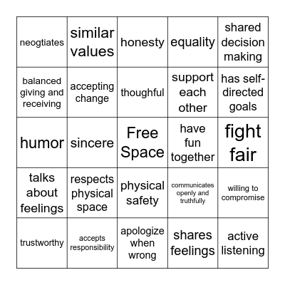 Qualities of Healthy Relationships Bingo Card