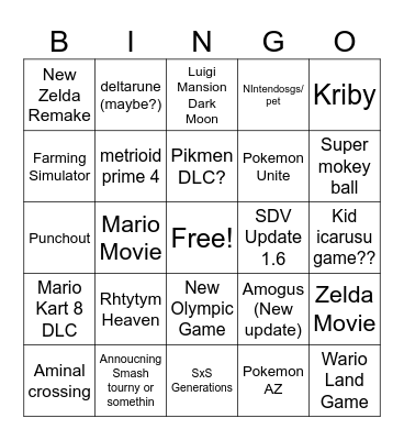 Nintedno dircet Bingo Card