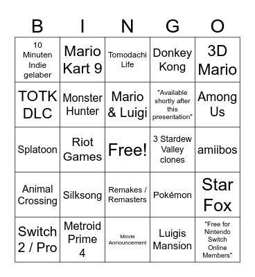 Nintendo Direct 18.06 Bingo Card