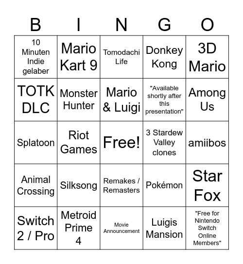 Nintendo Direct 18.06 Bingo Card