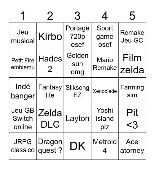 Nintendo direct bingo Card