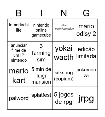 nintendo direct Bingo Card