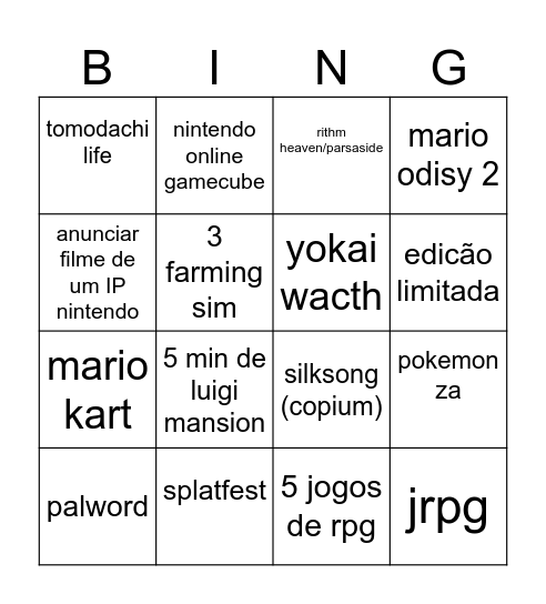 nintendo direct Bingo Card