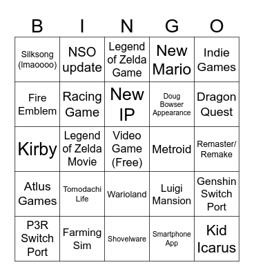 Nintendo Direct Bingo Card