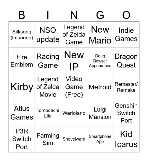 Nintendo Direct Bingo Card