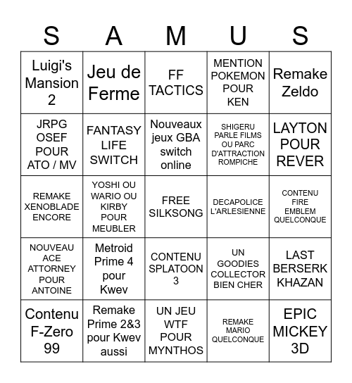 NINTENDO DIRECT SILKSONG PRIME 4 Bingo Card