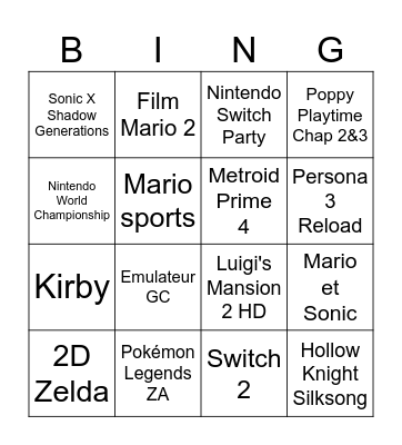 Nintendo Direct Bingo Card