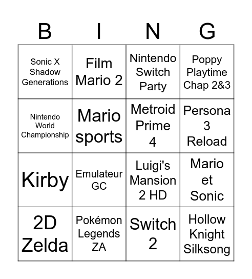 Nintendo Direct Bingo Card