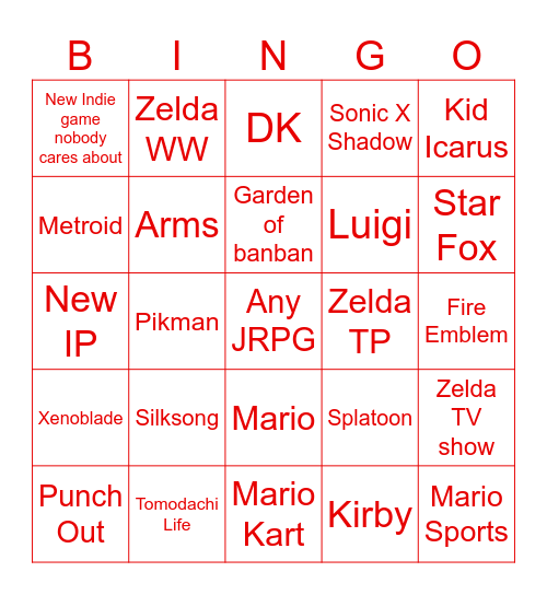 Nintendo Bingo Card