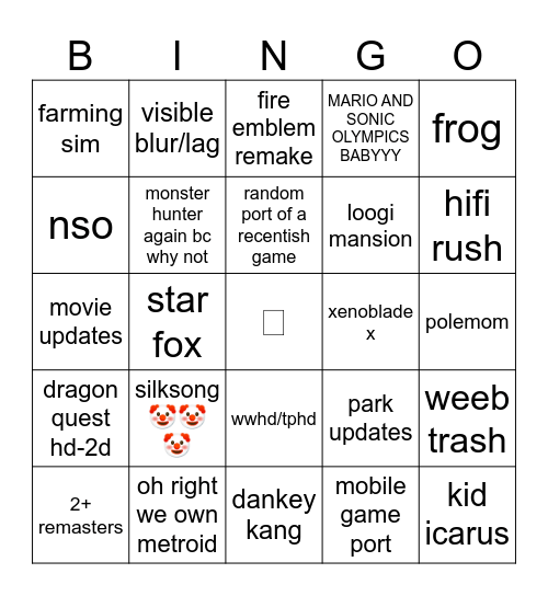 ninto dirt Bingo Card