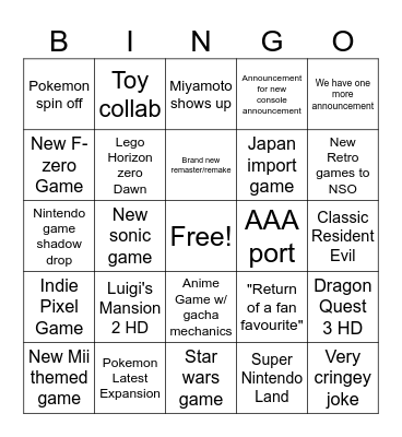 Nintengy Bingo Card