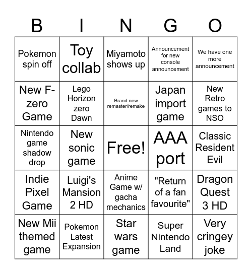 Nintengy Bingo Card