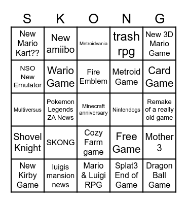 Nintendo Direct Bingo Card