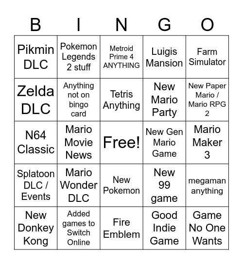 Nintendo Direct Bingo Card