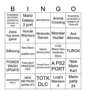 NINTENDO DIRECT WISHLIST Bingo Card