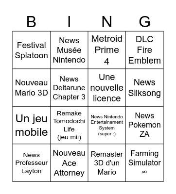 Nintendo Direct Bingo Card