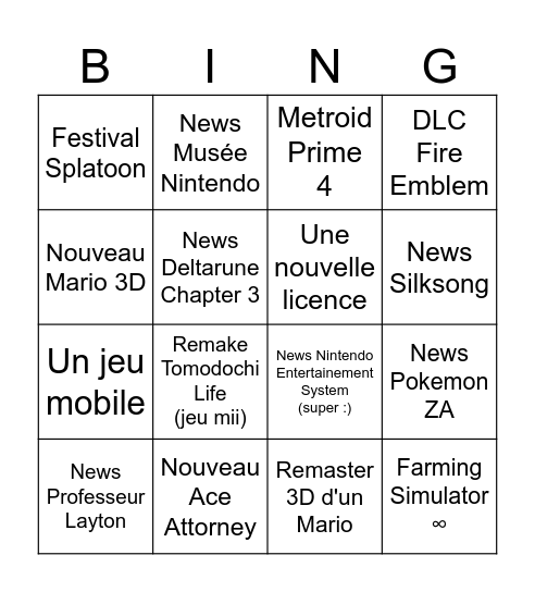 Nintendo Direct Bingo Card