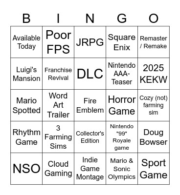 NINTENDO DIRECT BINGO Card