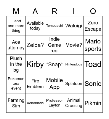 Nintendo Direct 6/18 Bingo Card