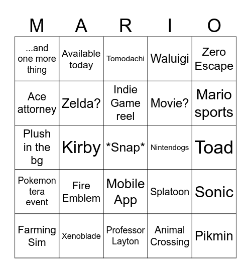 Nintendo Direct 6/18 Bingo Card