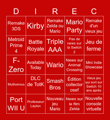 Nintendo Direct Bingo Card