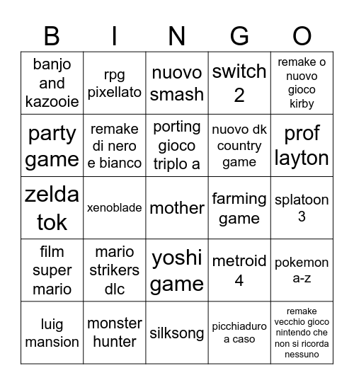 nintendo direct Bingo Card