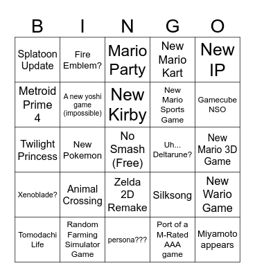 Nintendo Direct 6.18.2024 Bingo Card