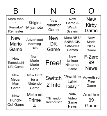 June Nintendo Direct 2024 Bingo Card