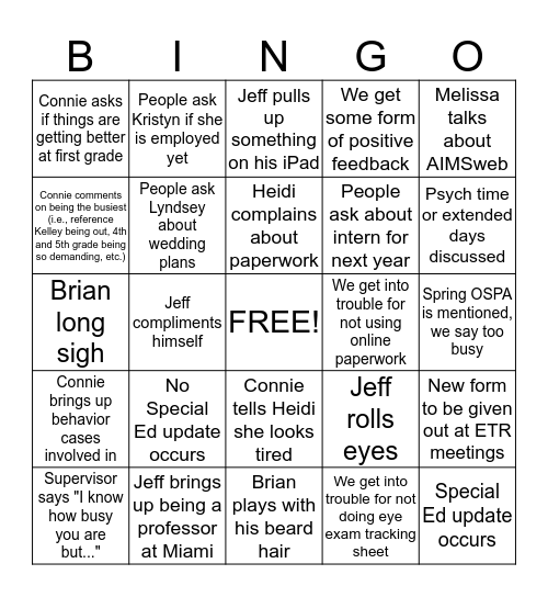 Psych Meeting Bingo: Lyndsey Bingo Card