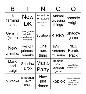 Nintendo Direct 6-17-24 Bingo Card