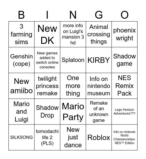 Nintendo Direct 6-17-24 Bingo Card