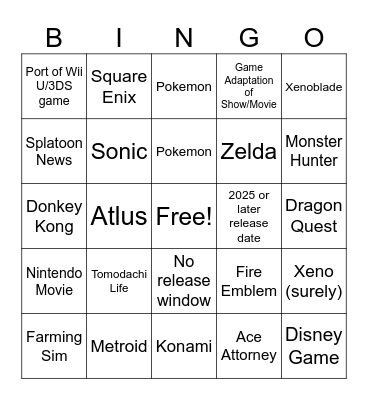 Nintendo Direct 6/18/2024 Bingo Card