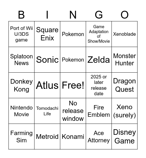 Nintendo Direct 6/18/2024 Bingo Card