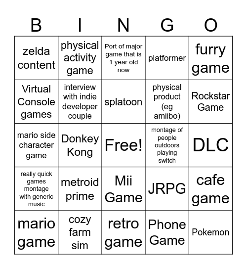 6/18 Nintendo Direct Bingo Card