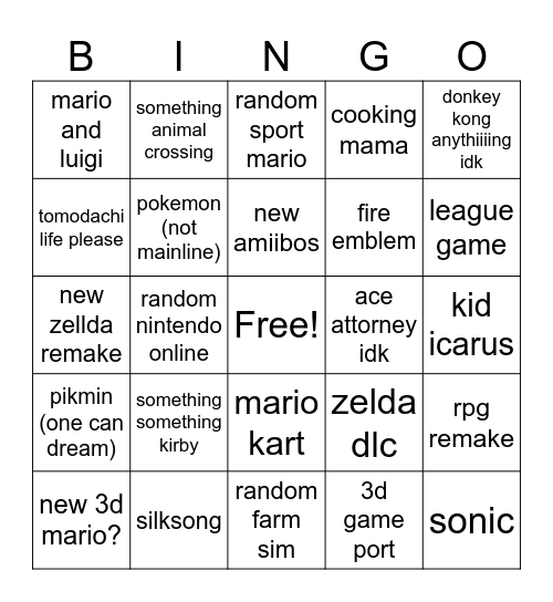 Nintendo stream 18/6 Bingo Card