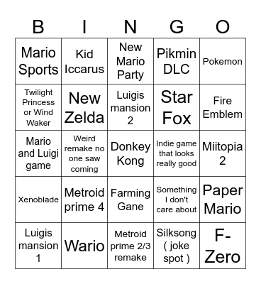 Nintendo Direct 6/18/24 Bingo Card