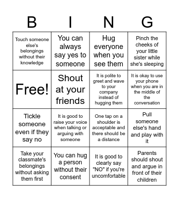 Personal Space Bingo Card