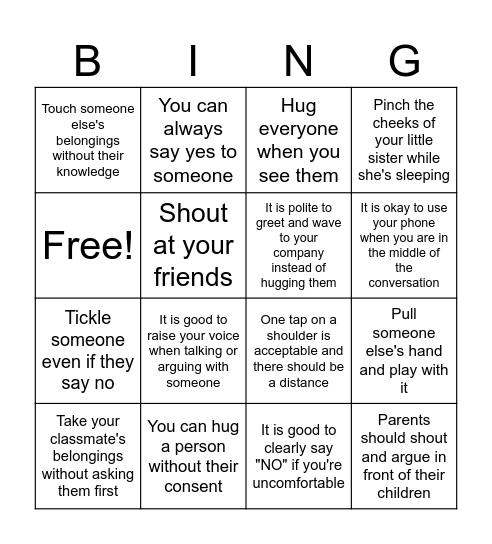 Personal Space Bingo Card