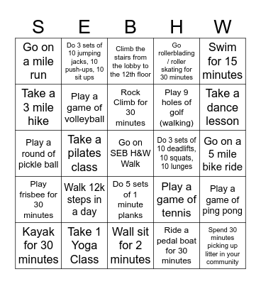 Fitness Bingo! Bingo Card