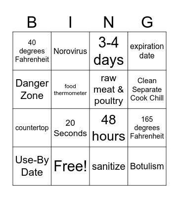 Food Safety Bingo Card